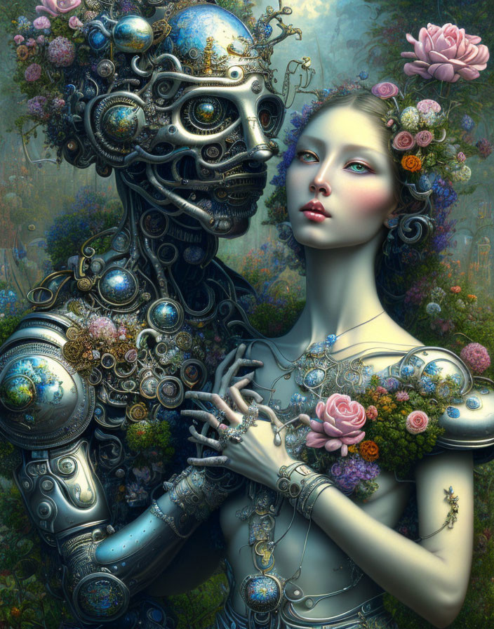 Surreal humanoid robot and woman adorned with flowers in fantastical setting