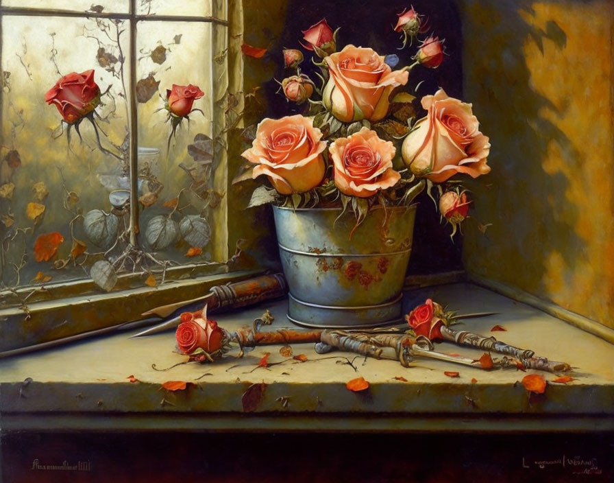 Vibrant pink roses in rustic metal pail on windowsill with scattered petals.