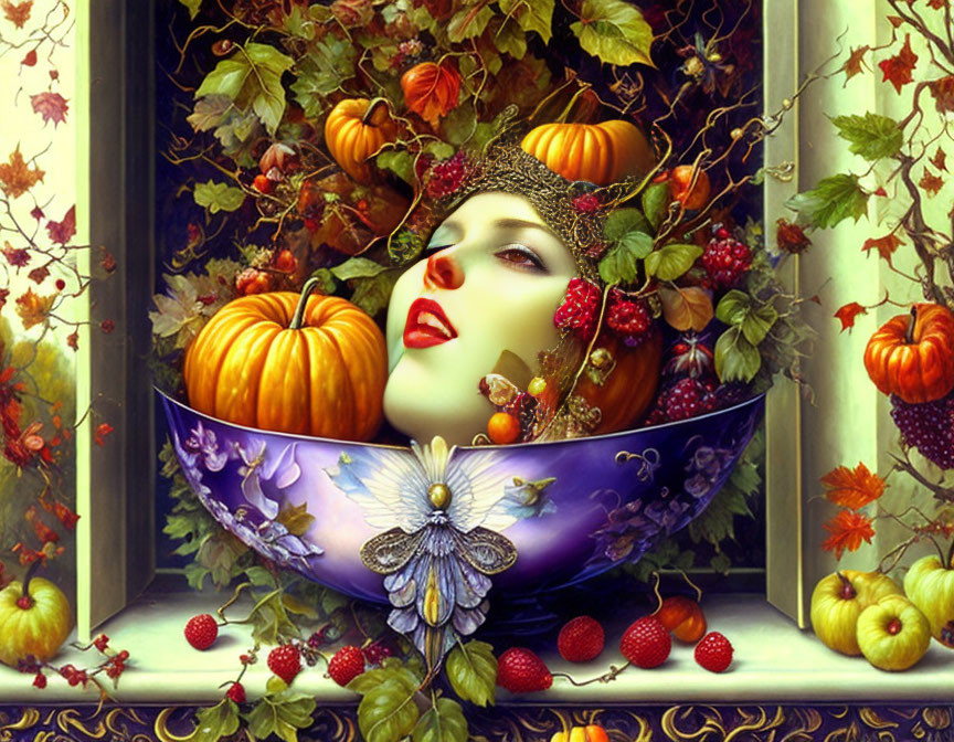 Detailed autumnal woman's face illustration with pumpkins, berries, and floral bowl