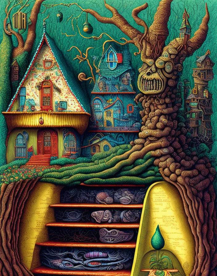Vibrant, fantastical illustration of colorful houses and twisted trees under a mystical green sky