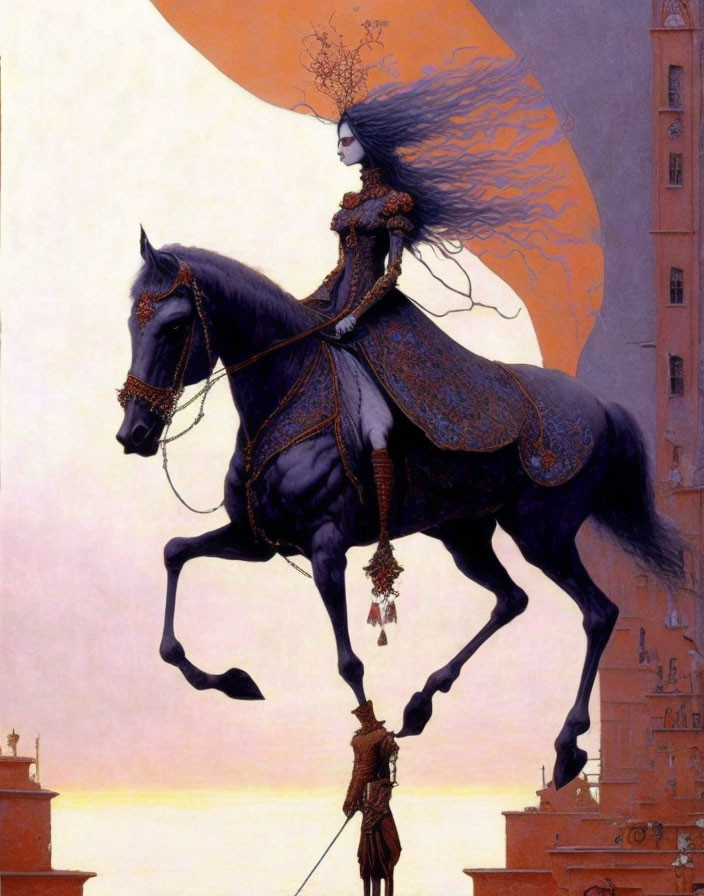 Gothic-style illustration of pale woman on black horse in surreal crimson sky