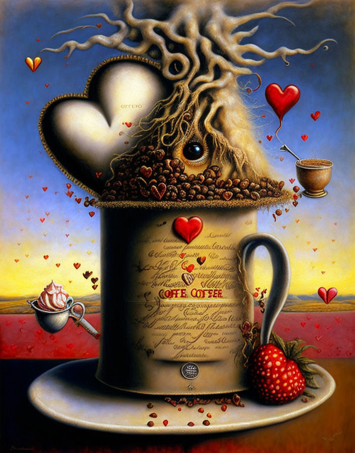Surreal painting: coffee cup with tree, hearts, strawberry, and rose