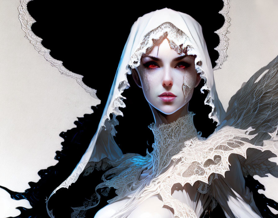 Fantasy digital artwork: Pale-skinned woman in lace headdress