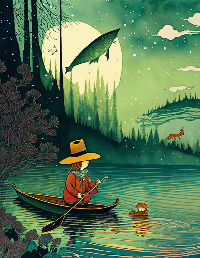 Illustration of person fishing in canoe with leaping fish, swimming dog, forest backdrop, full moon