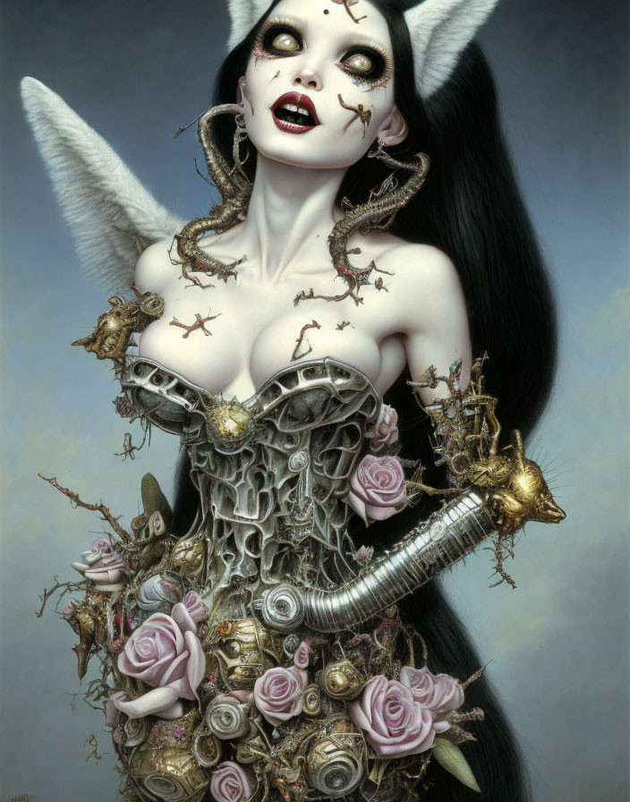 Pale-skinned gothic fantasy figure with black hair, angel wings, corset with roses, and
