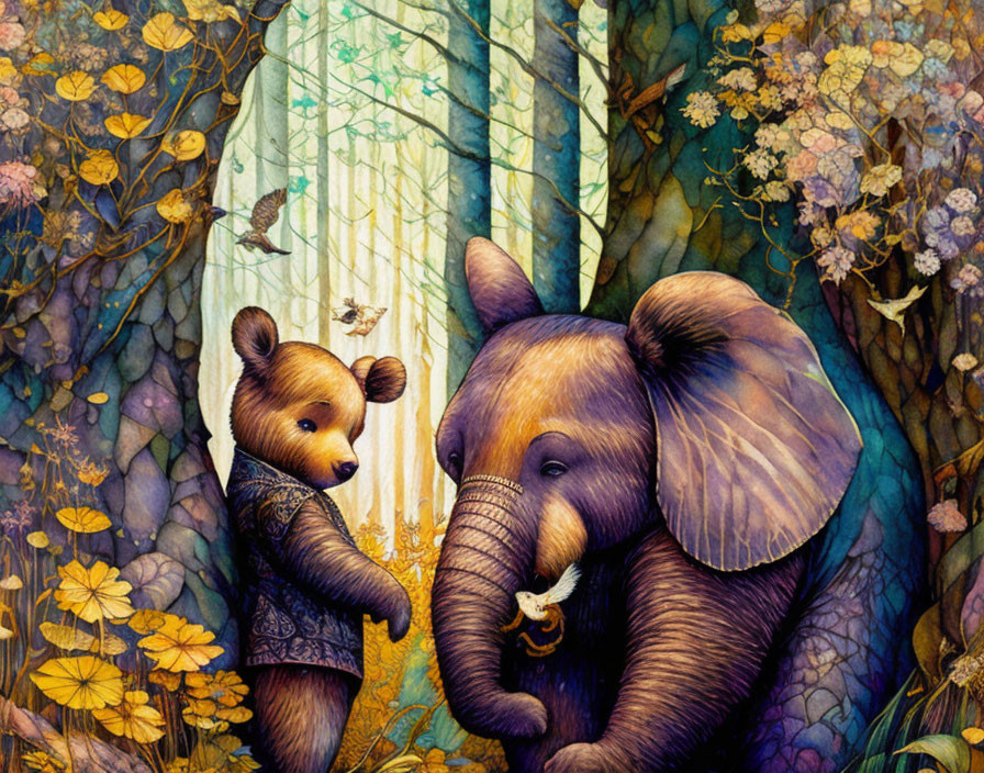 Illustration of bear and elephant in lush forest with birds and butterflies