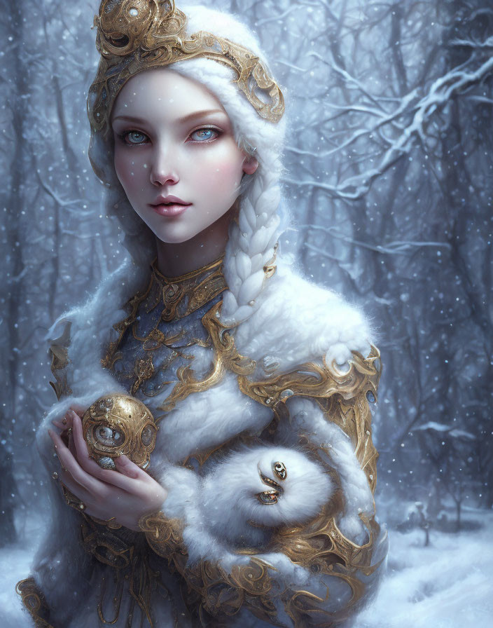Woman in ornate white and gold winter outfit with gold orb and white weasel, snowy tree backdrop