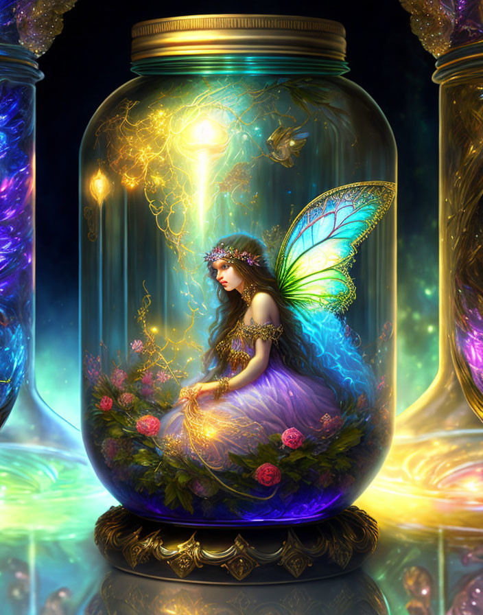 Winged fairy in glowing jar surrounded by magical lights and flowers