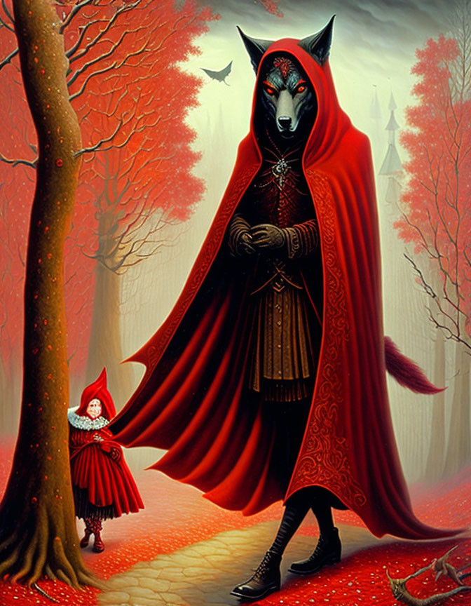 Large wolf in noble attire with small girl in red hood in forest