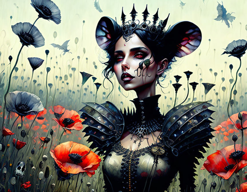 Gothic fantasy art of woman in skull crown and black armor amid poppies and jellyfish