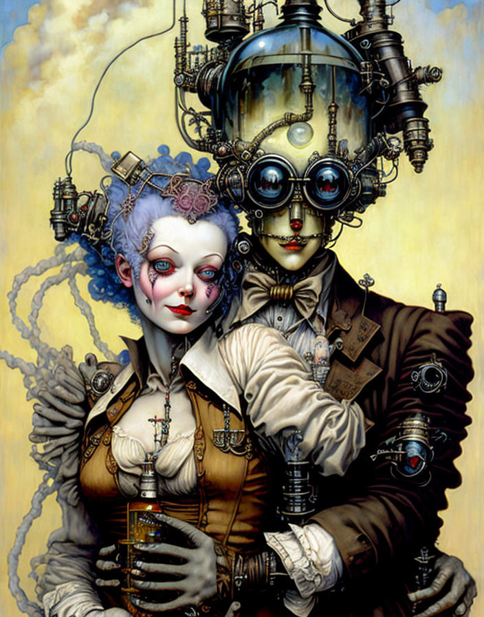 Steampunk-themed illustration of woman in Victorian attire with male figure in mechanical helmet.