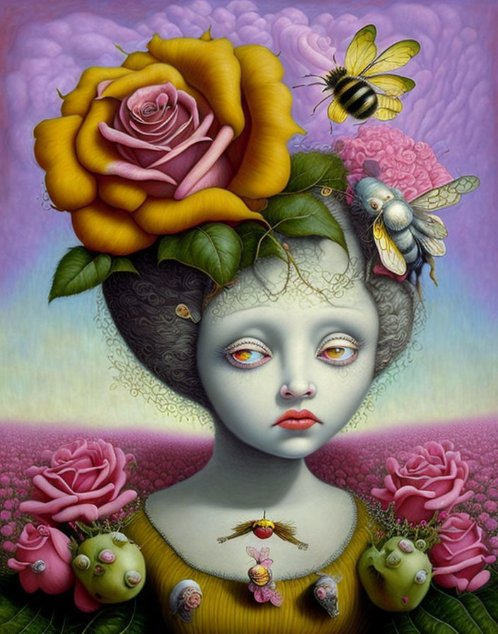 Surreal portrait of woman with rose hair, bees, bird, and roses