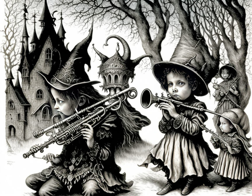 Fantasy illustration of children in witch hats playing wind instruments with spooky castle and barren trees.