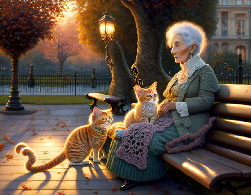 Elderly woman with two cats on park bench at sunset