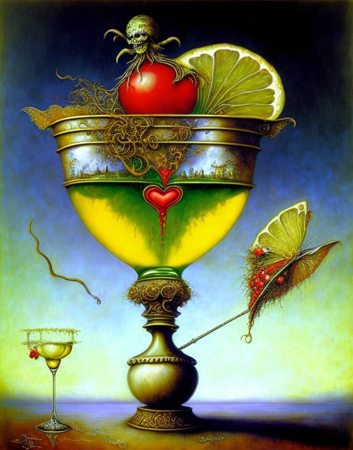 Surreal artwork of ornate goblet with skull, heart, citrus slice, miniature goblet