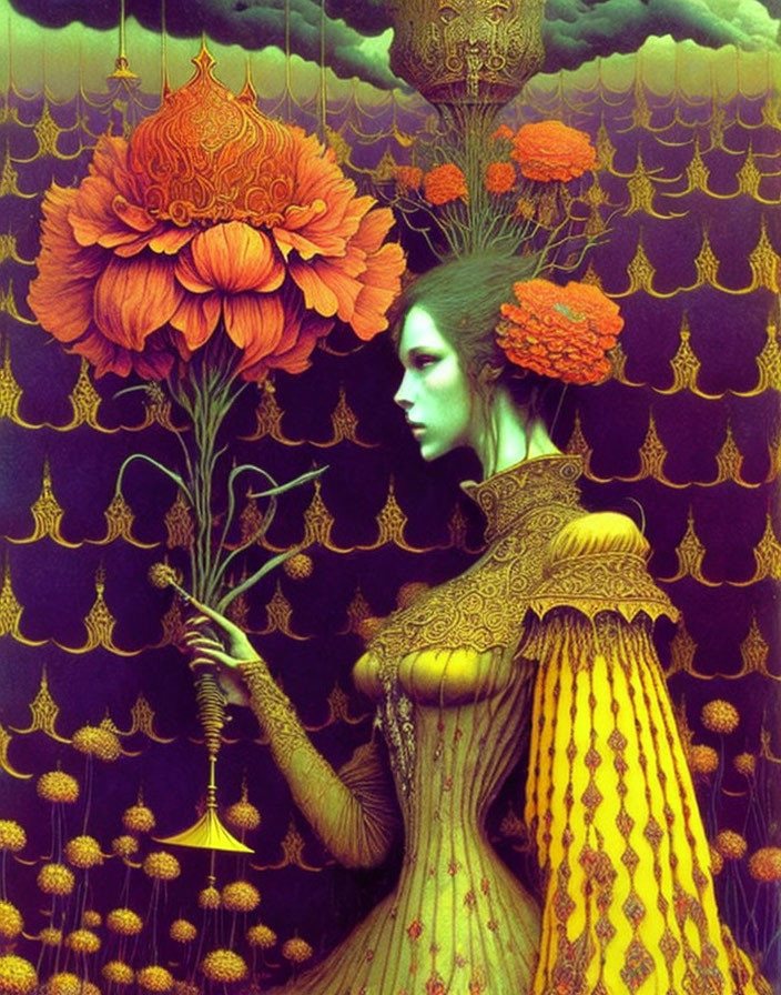 Surrealist portrait of green-skinned woman with orange floral adornments