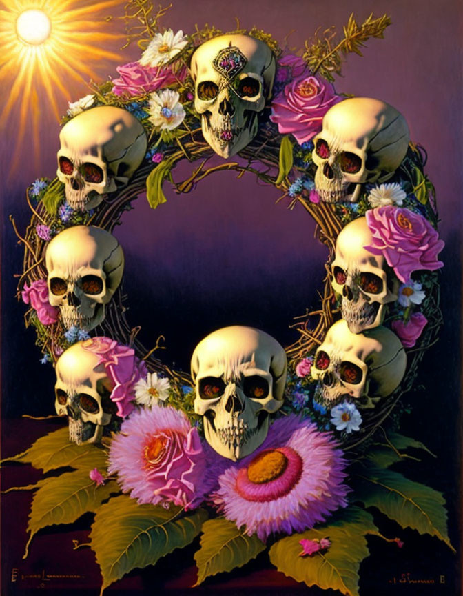 Gothic wreath of human skulls with pink and purple flowers on dark background