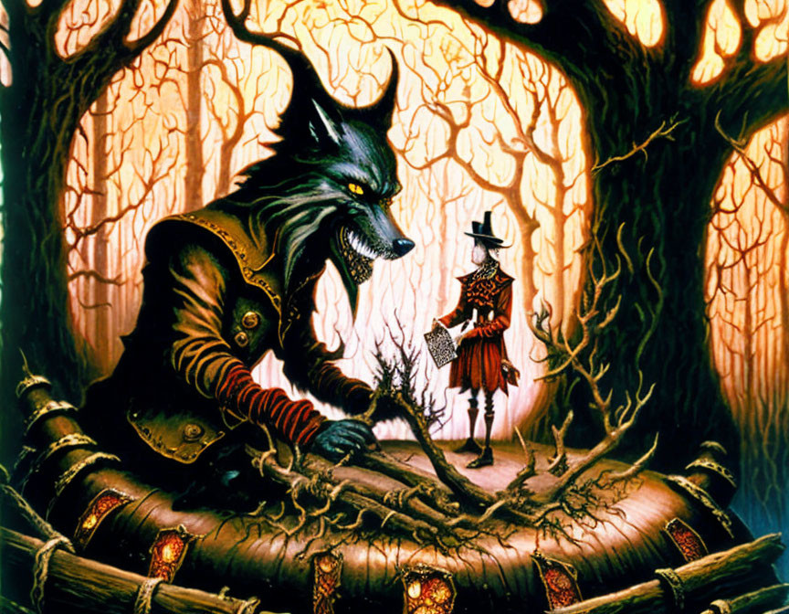 Anthropomorphic wolf in suit duels sword-wielding figure in plumed hat in eerie forest.