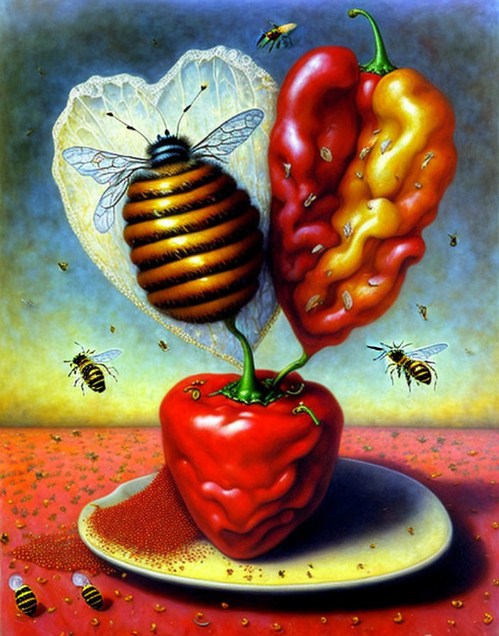 Surreal painting of large bee on red bell pepper plate surrounded by smaller bees