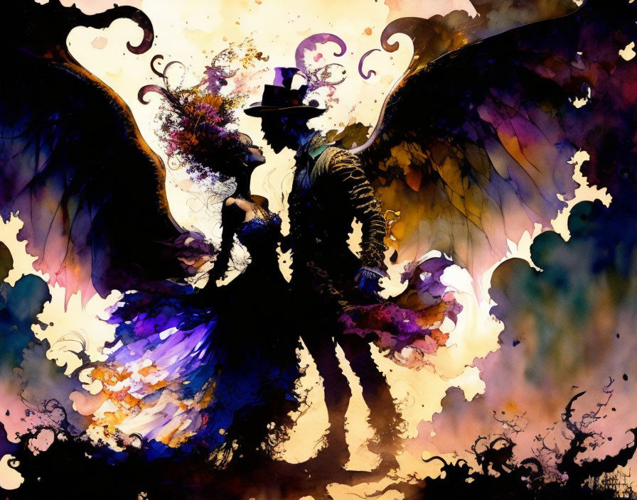 Shadowy figure with wings embracing floral creature in vibrant artwork