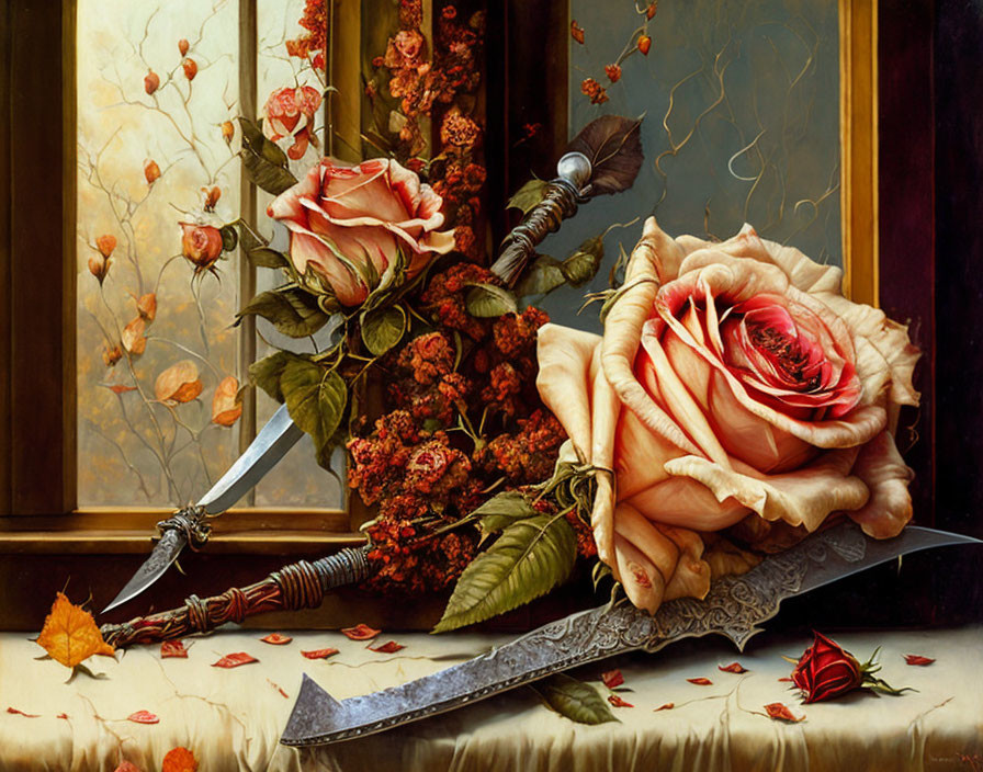 Detailed still-life painting: large pink rose, small red bud, ornate sword on marble, autumn
