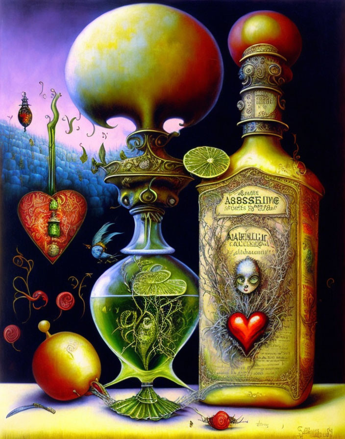 Colorful surreal painting with bottle, heart pendant, goblet, citrus slices, and mystical elements.