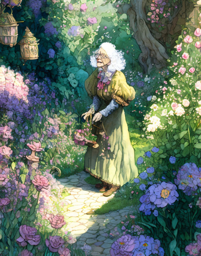 Elderly woman in historical attire tending to lush garden with purple flowers