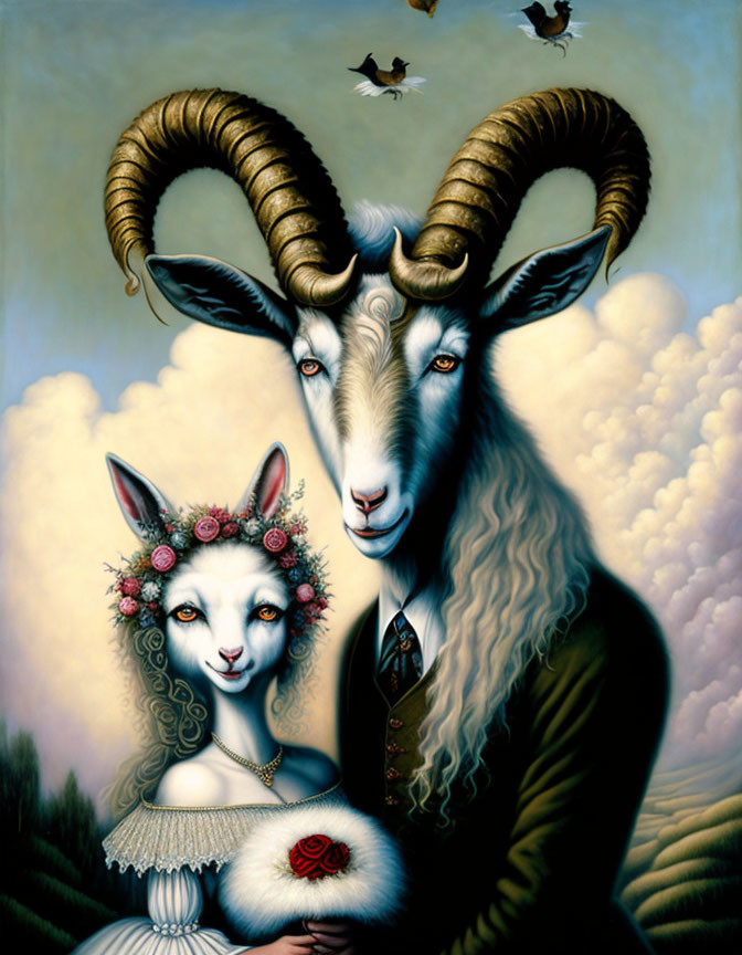 Whimsical anthropomorphic goat painting with birds in cloudy sky
