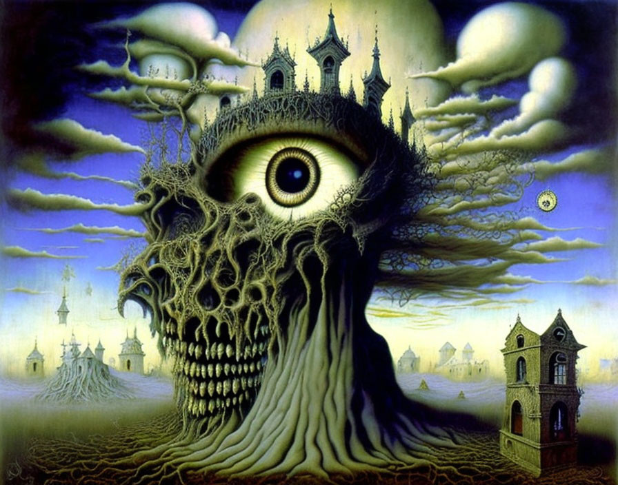 Surreal artwork: Skull-like tree, eye, castle-clouds, floating clock in desolate