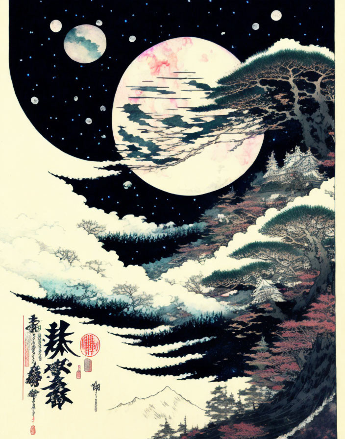 Japanese-style night scene illustration with moon, snow, pine trees, pagodas, and stylized