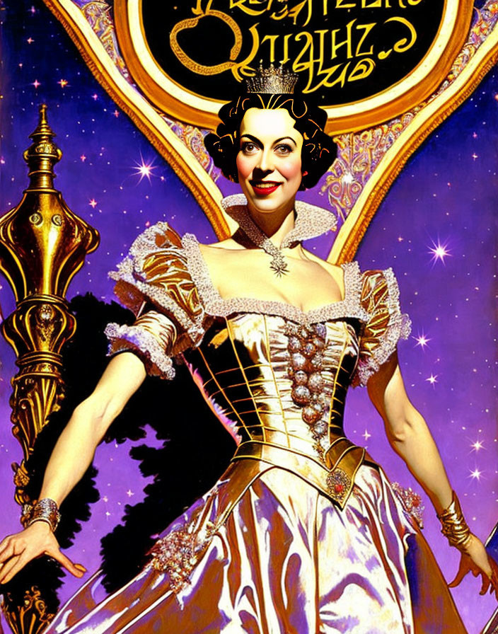 Person's face merged with vintage-style fantasy movie poster with golden dress and ornate lamp