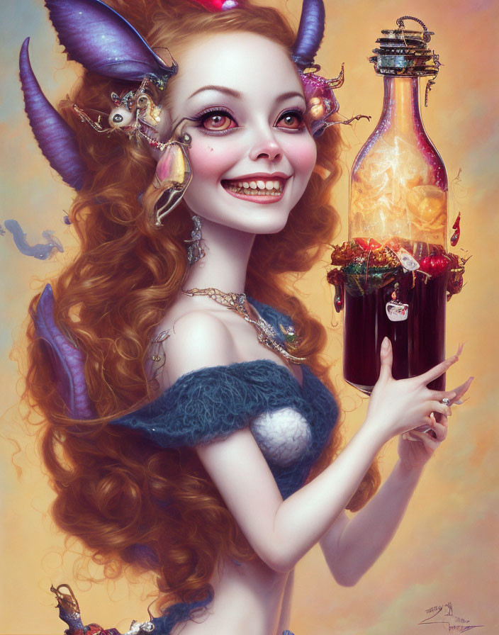 Whimsical female character with horns and pointed ears holding a glowing ship potion bottle