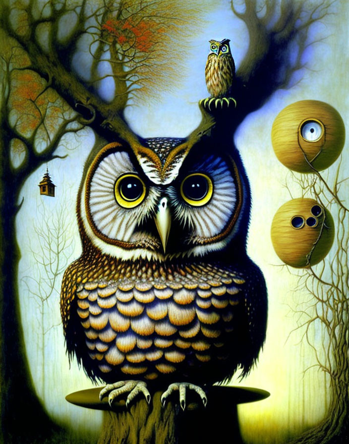 Surreal painting of oversized owl with smaller owl in mystical forest