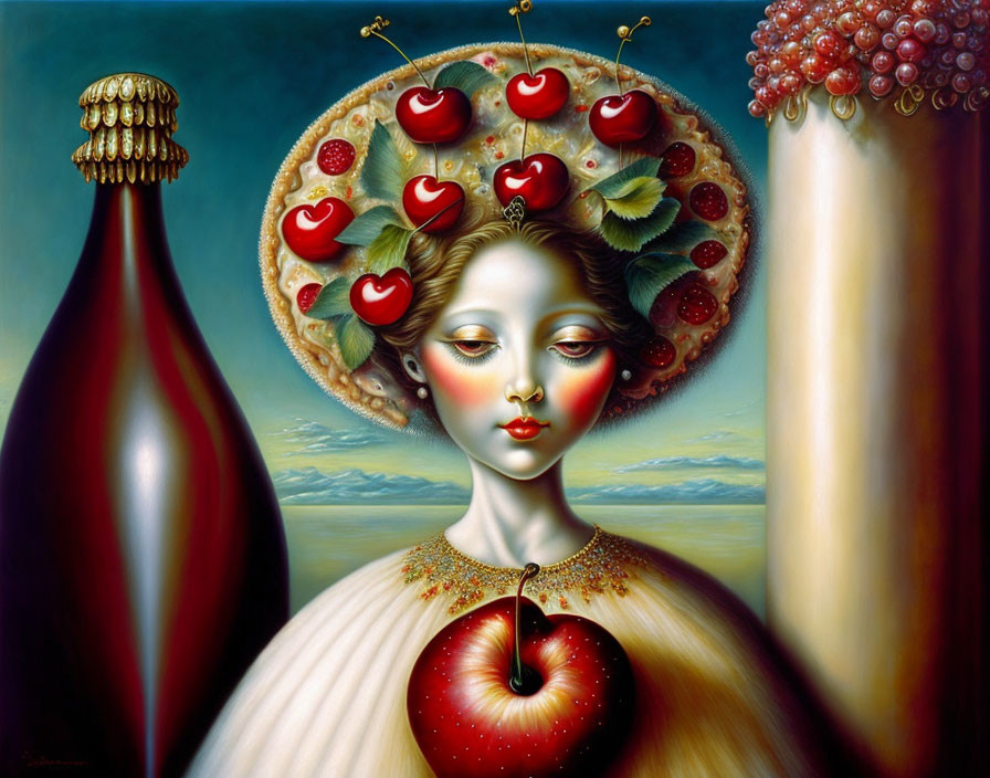 Surrealistic painting: Woman with fruit hat, apple necklace, golden skin, dark bottle,
