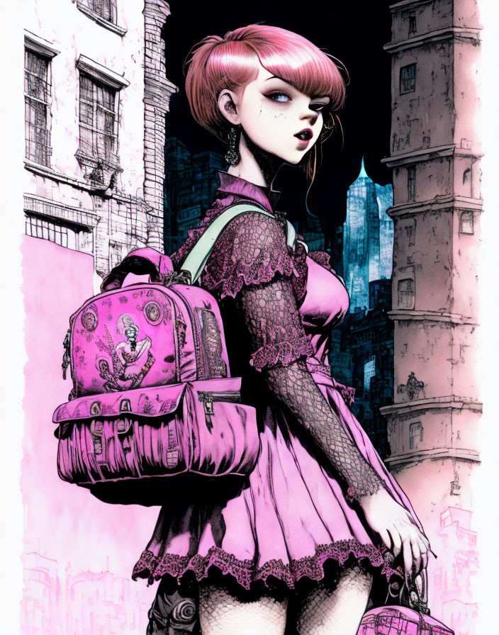 Stylized pink-haired woman in gothic Lolita outfit with backpack against cityscape.