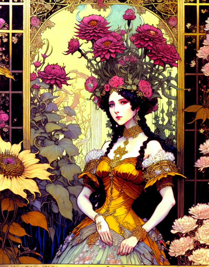 Art Nouveau Woman Illustration with Dark Hair and Floral Dress