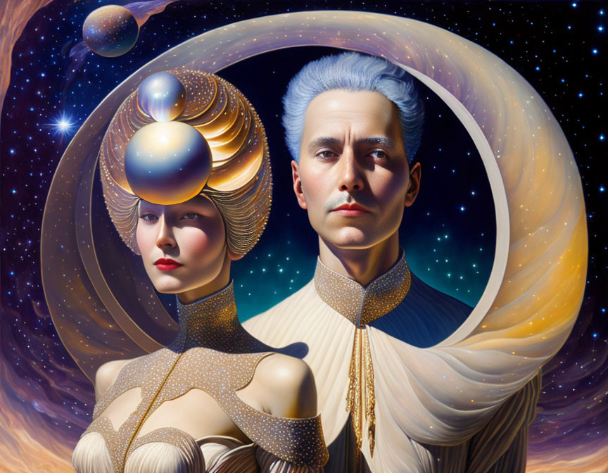 Surreal portrait of man and woman with golden hairstyles in cosmic setting