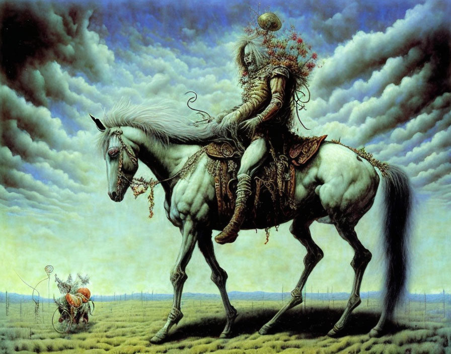 Surrealist painting of rider on white horse with flower-covered head