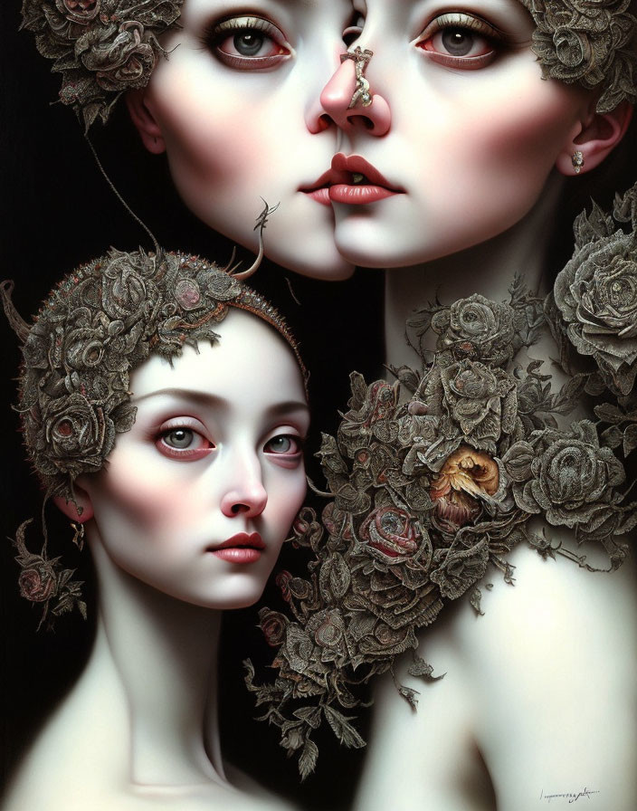 Stylized female figures in floral headpieces and garments on dark background