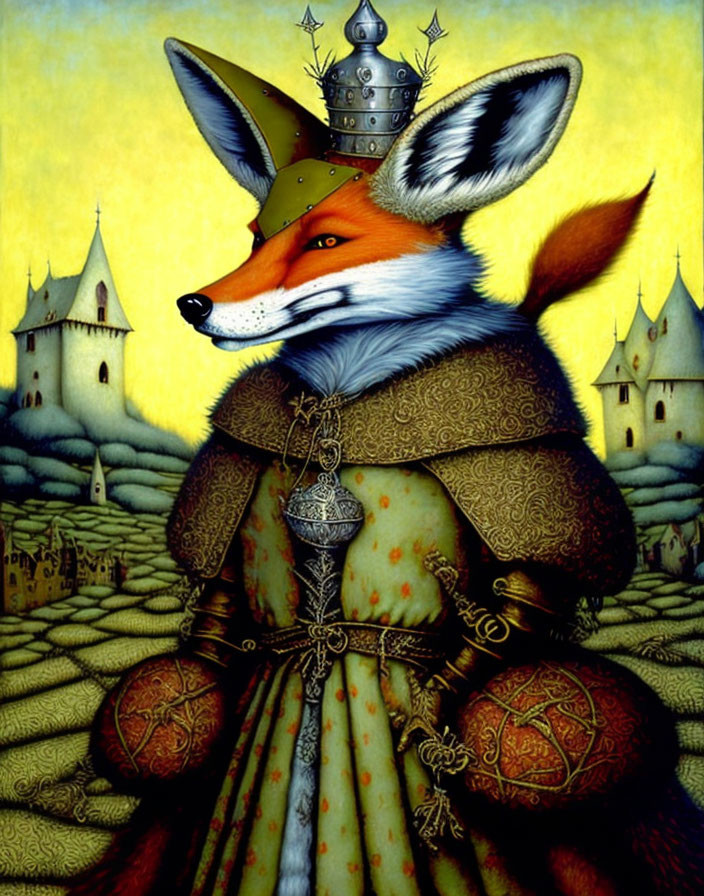 Medieval knight fox illustration with armor and castle background