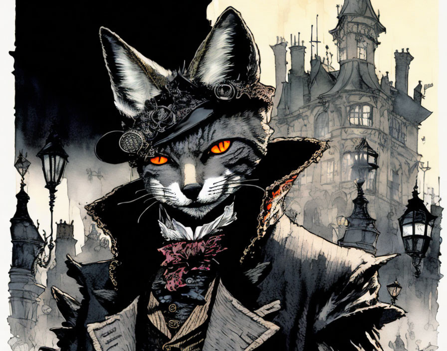 Steampunk-inspired cat character with glowing eyes in top hat and coat before gothic castle