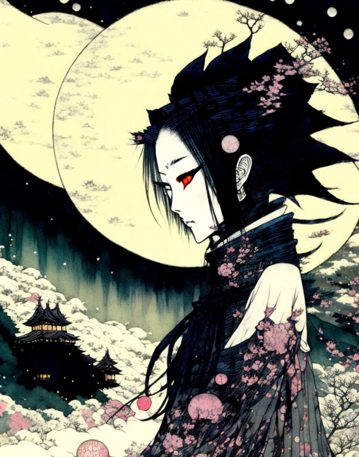 Character with Long Black Hair and Red Eyes in Traditional Attire, Snowy Landscape with Full Moon
