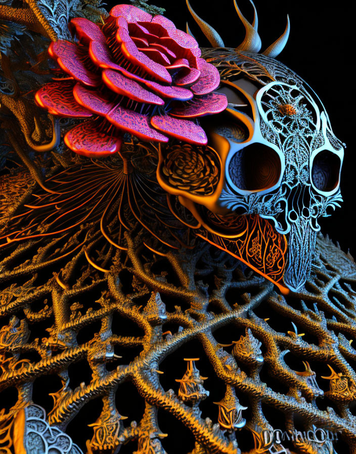 Colorful digital artwork: Skull with neon outlines, intricate patterns, textures, and red rose.