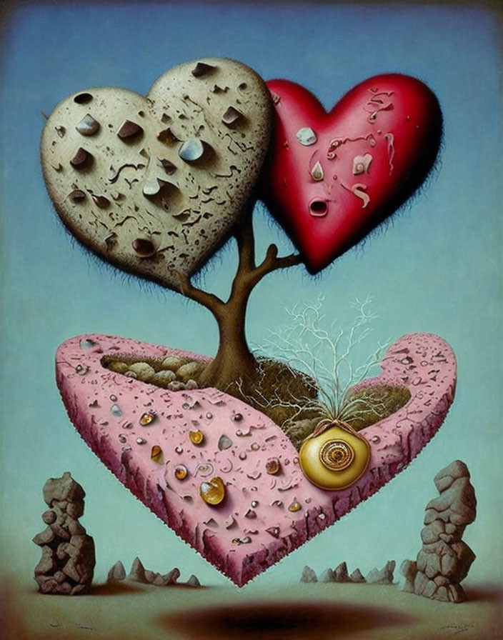 Surreal painting of heart-shaped tree with healthy and withered canopies, snail, and