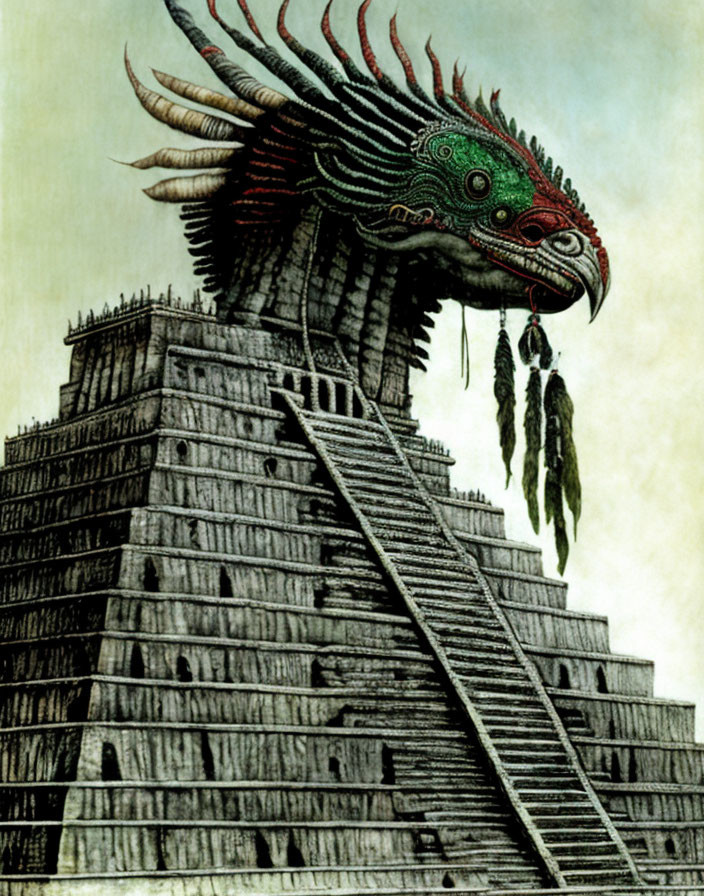 Illustrated Mesoamerican Pyramid with Colorful Dragon Head Statue
