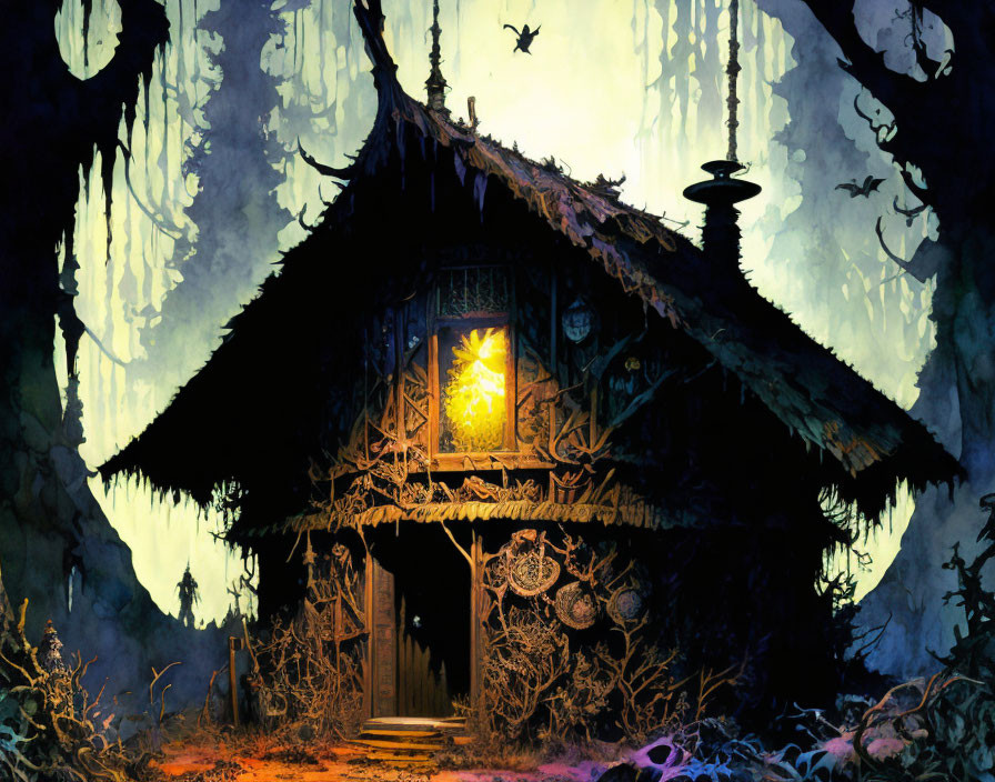 Enchanting forest hut illustration with glowing windows and twilight backdrop