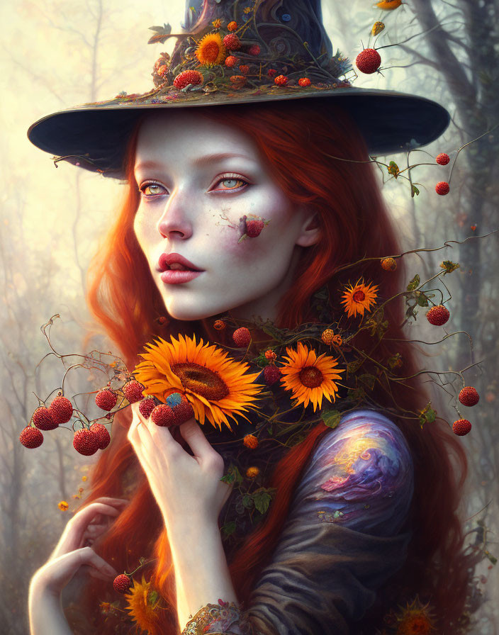 Red-Haired Woman in Wide-Brimmed Hat with Sunflowers and Berries in Misty Wood