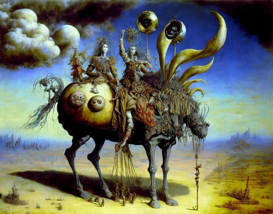 Surreal painting of multi-limbed creature with biological and mechanical parts in desolate landscape
