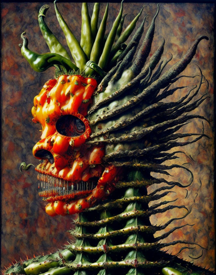 Surreal painting of skull, chili peppers, and vegetative tendrils on textured backdrop