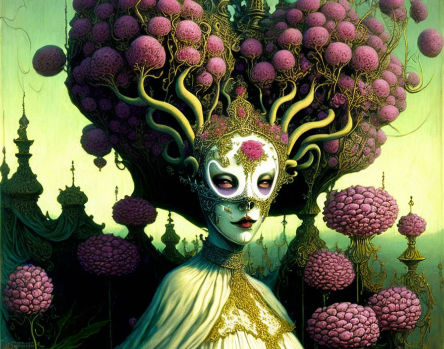 Figure in Masquerade Mask with Tree Headdress and Purple Orbs in Fantastical Setting